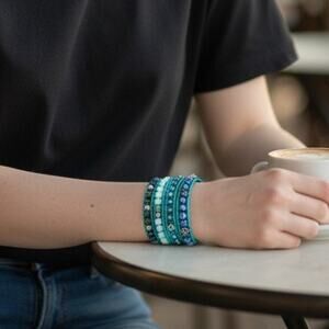 Four Wrap Bead Bracelet Green/Blue Alloy Leather, Glass/ Stone Beads